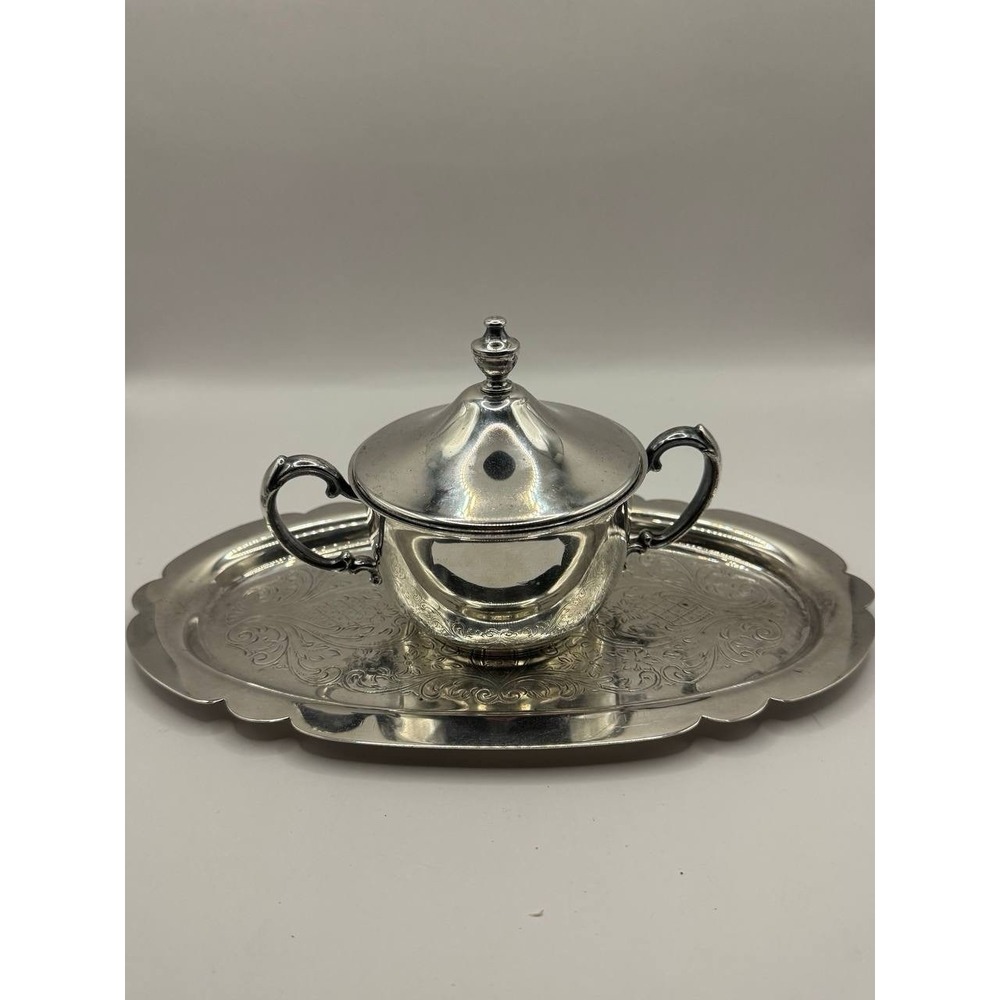 Sheridan Silverplated Sugar Bowl with Lid & Tray‎ Set, Vintage 10"